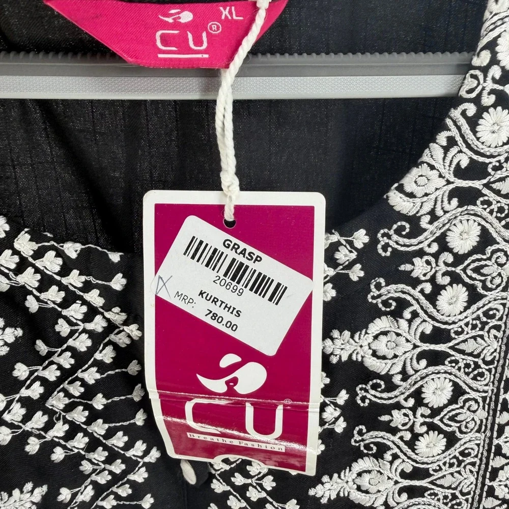 CU Breathe Fashion Kurti Tunic Dress Womens XL Black Embroidered Boho Ethnic NWT